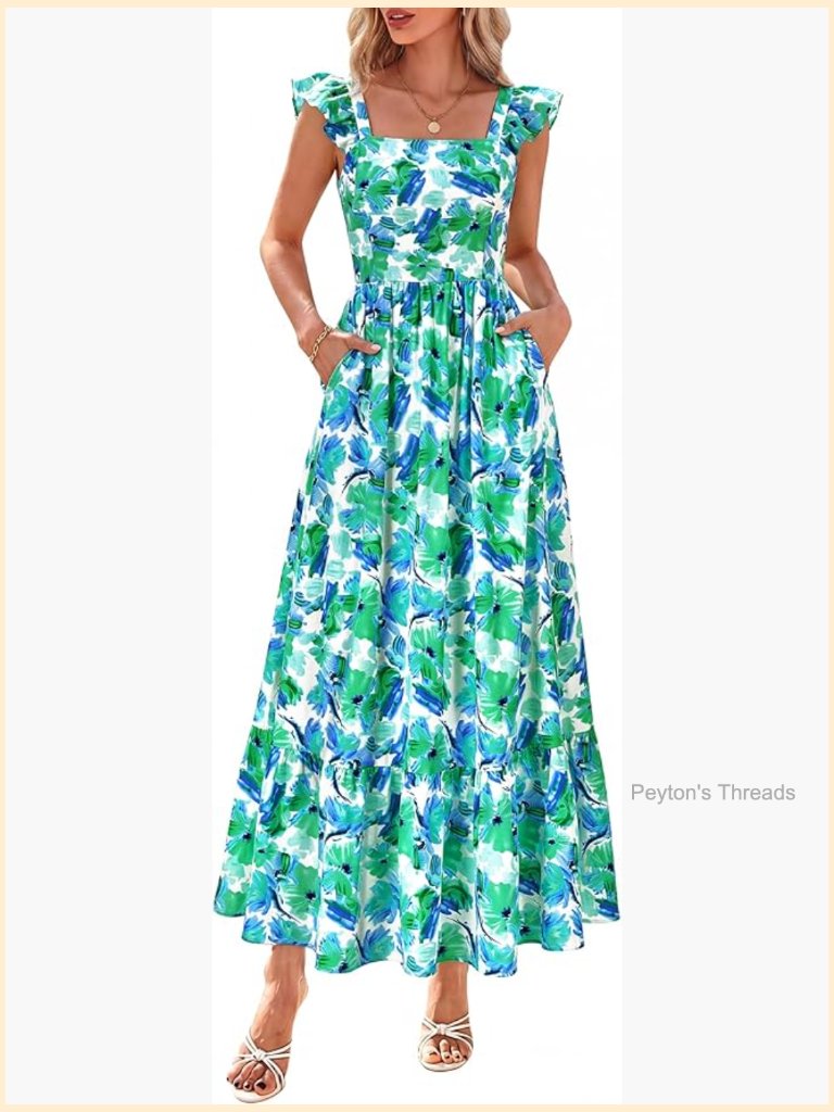 Ruffle Sleeve Square Neck Floral Boho Midi Sundress With Pockets